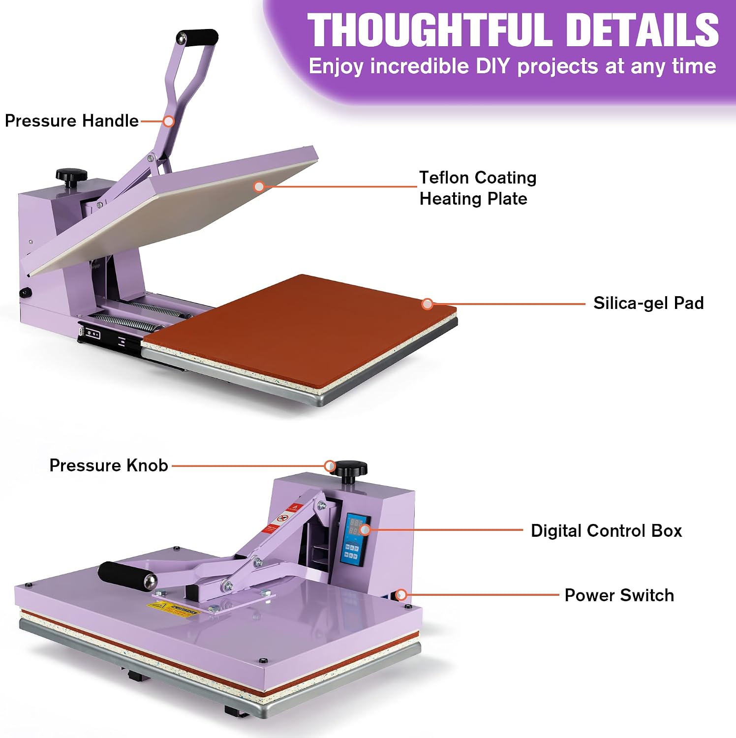 16x24 Inch Heat Press Machine, Manual Clamshell Heat Press with Slide - Out Base, Adjustable Pressure, Temperature and Time for Home Decor, Custom Gifts, Holiday Crafts, Small Businesses，Purple