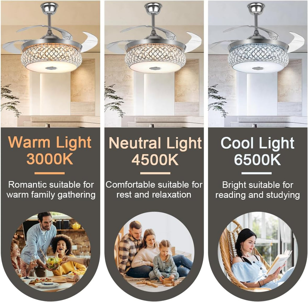 42 Inch Crystal Ceiling Fans with Lights Retractable Fandelier with Remote Control with 3 Colors 3 Speed Chandelier Fan for Living Room Dining Room Bedroom，Silver