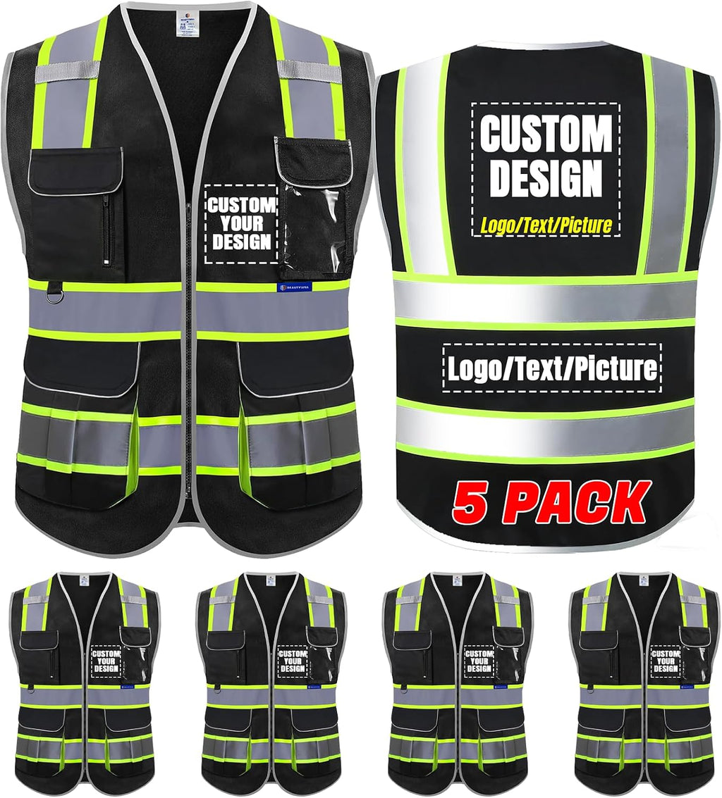 BeautyWill ANSI Certified Custom Logo Safety Vest 8-Pockets Class2 High Visibility Reflective Vest for Men - Personalized Logo Heavy-Duty Work Vest（Black，5Pack，L）
