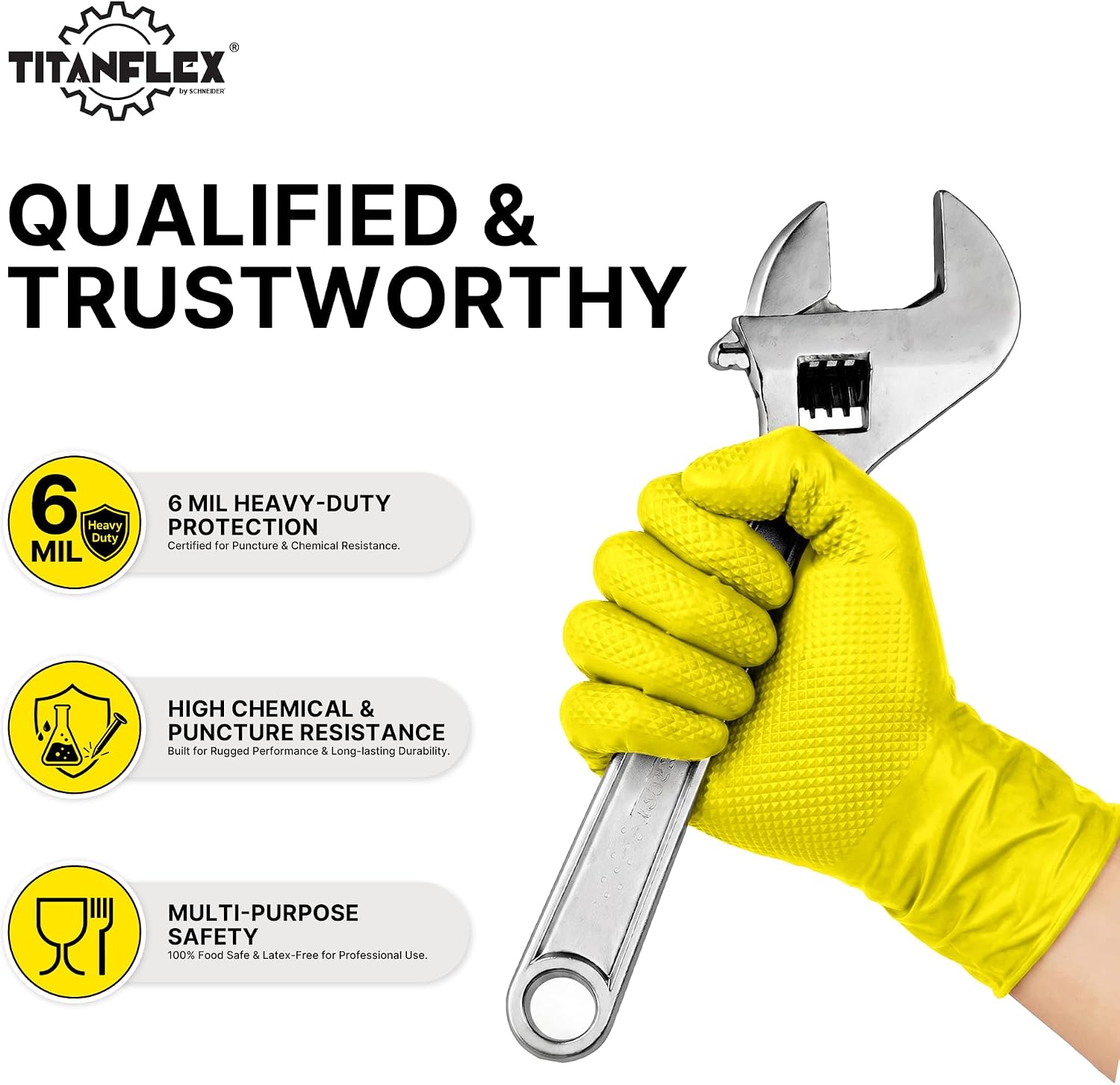 TitanFlex Heavy Duty Industrial Nitrile Gloves with Raised Diamond Texture, 6-mil, Latex Free (Dark Green/Yellow)