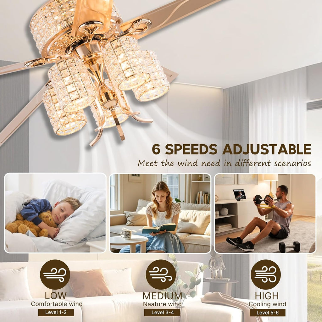 Fandelier Ceiling Fan with Light,52 inch Crystal Chandelier Fan,Remote Control,6-Speeds, Quiet Reversible DC Motor,Luxury Rose Gold Ceiling Fan for Indoor Living Room Dining Room E26