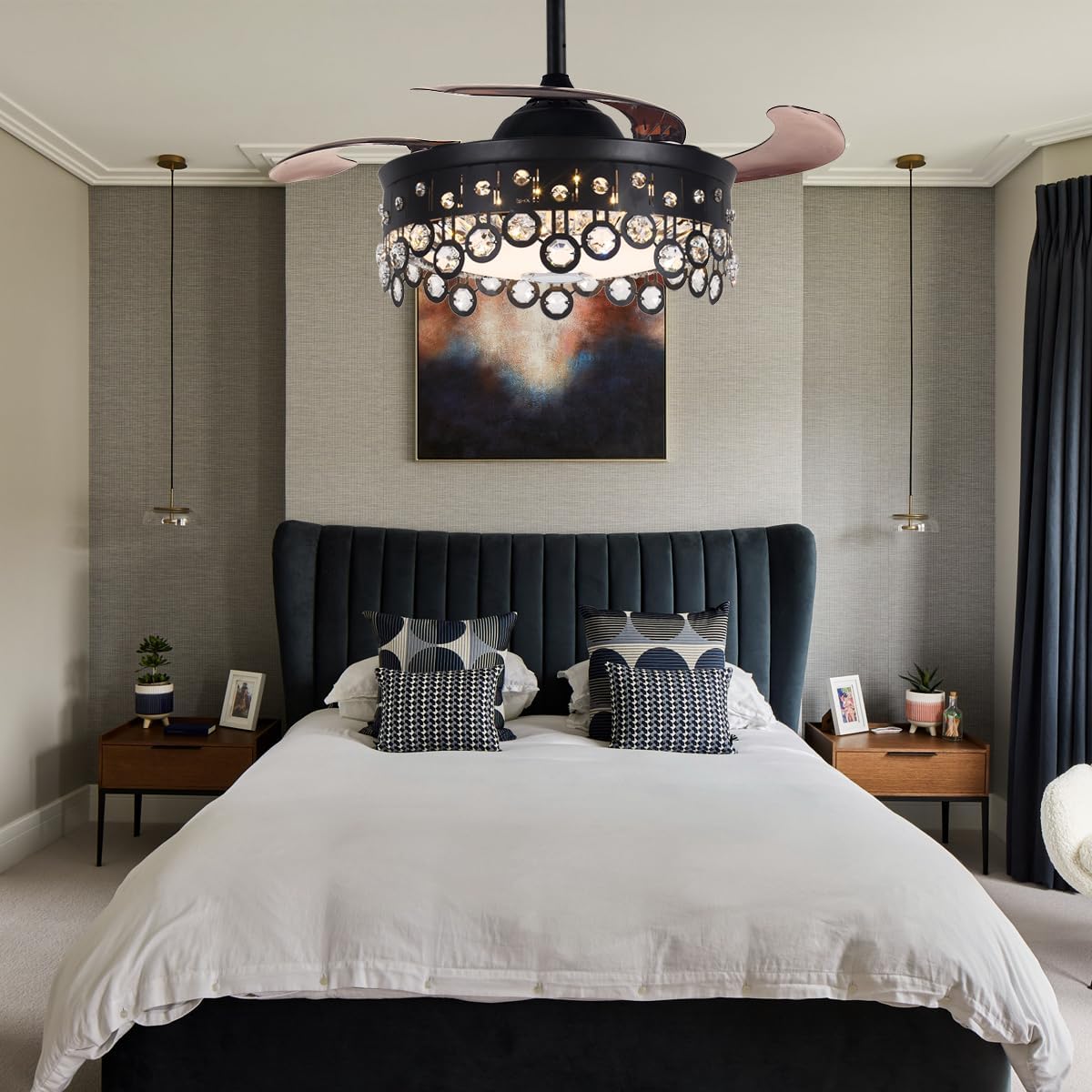 42 Inch Retractable Fandelier Ceiling Fan with Light Bluetooth Speaker, Modern Crystal Chandelier Fan with Remote 7 Color Change Black Smart Invisible Fan Light for Bedrooms Living Room