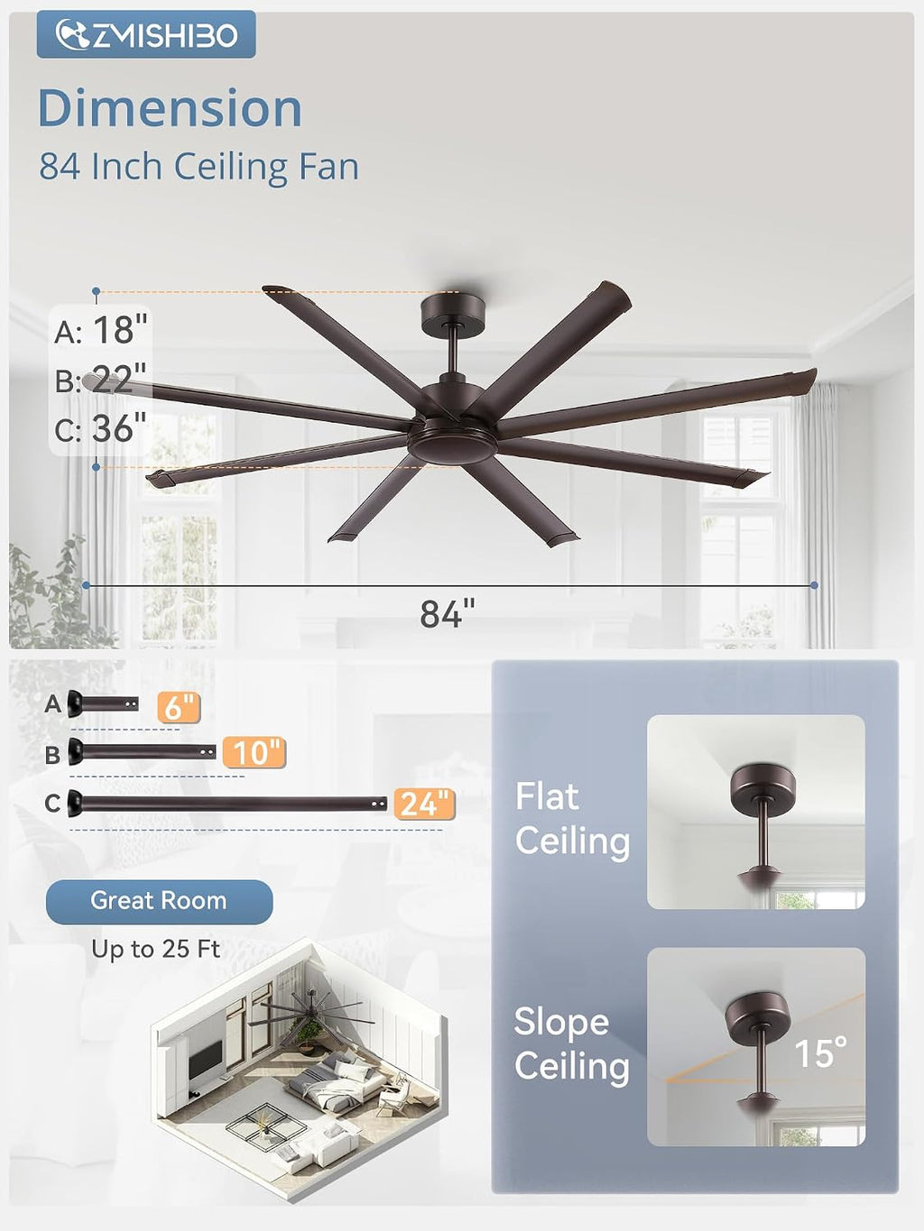 ZMISHIBO 84' Large Industrial Ceiling Fans No light with Aluminum 8 Blades, Commercial Ceiling Fan without Light,Quiet DC Motor, 6 Speeds, Indoor Outdoor Ceiling Fan for Patio,Garage,Shop, Oil Bronze