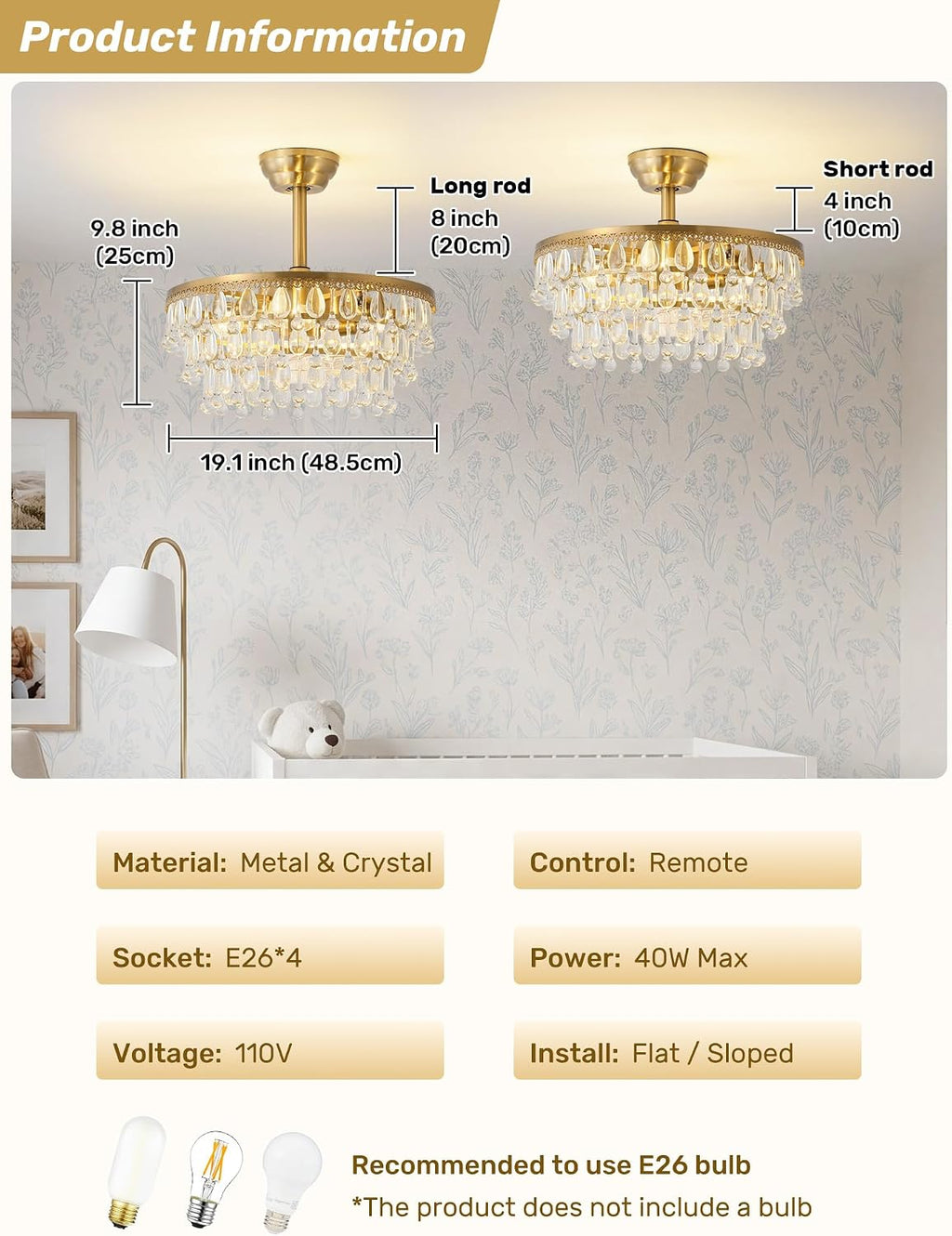Gold Crystal Fandelier Ceiling Fan with Light, 20' Crystal Chandelier Ceiling Fans with Lights and Remote with 6 Speeds for Bedroom, Living Room, Nursery