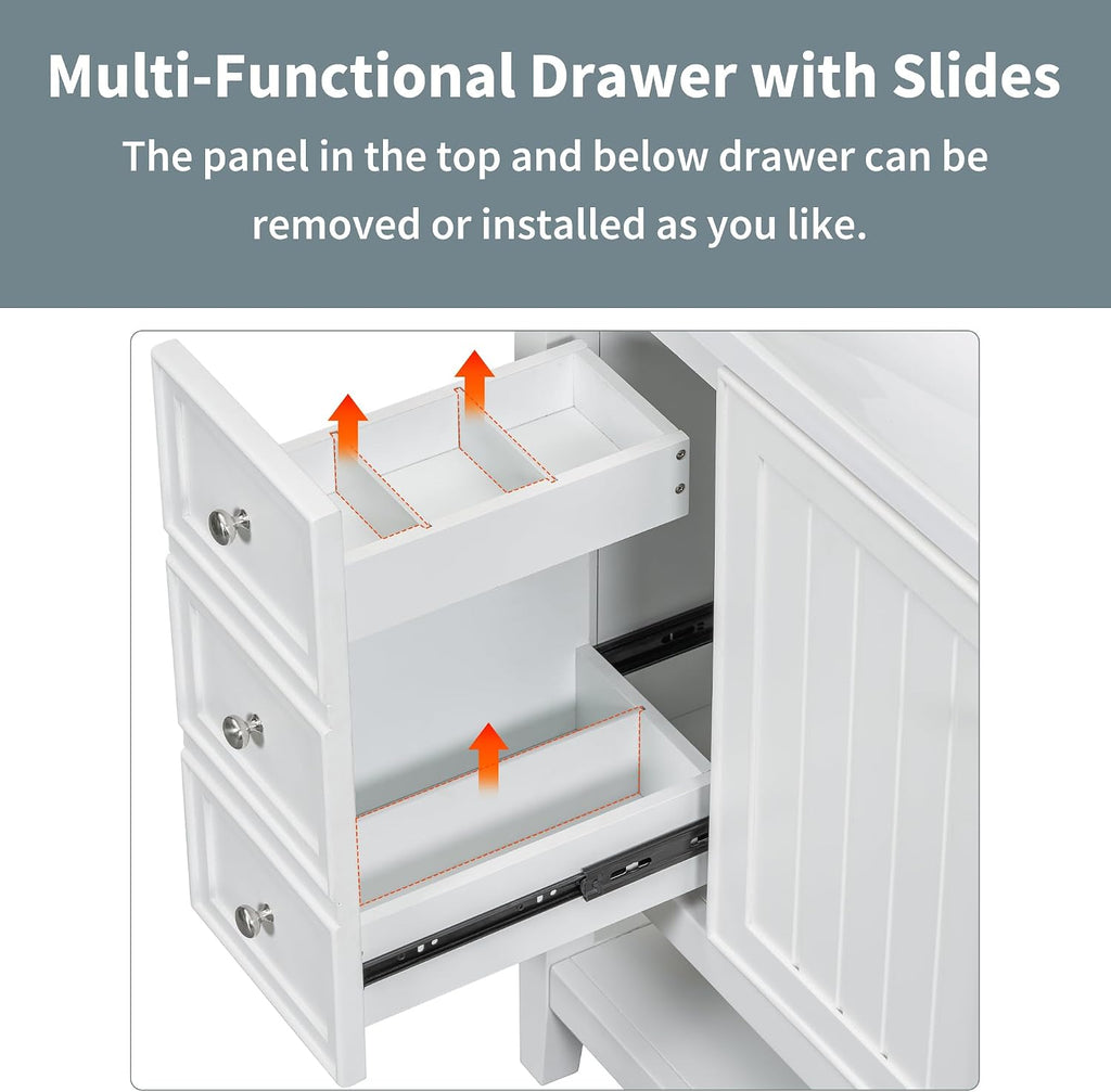 36' Vanity Bathroom Cabinet with Sink Top, Three Multi-Functional Drawers, Open Storage Space, Adjustable Shelf, White
