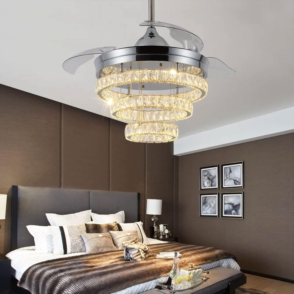 42' Dimmable Fandeliers Modern Crystal Ceiling Fan with Lights LED Invisible Fandelier Crystal Chandelier Fan 3 LED Color Change with Memory Function