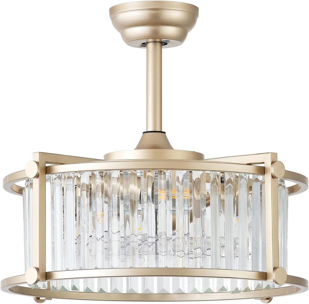 20' Gold Crystal Fandelier Ceiling Fans with Lights, Gold Crystal Industrial Chandelier Ceiling Fan with Light and Remote, Caged with 6 Speeds for Bedroom, Nursery, Living Room