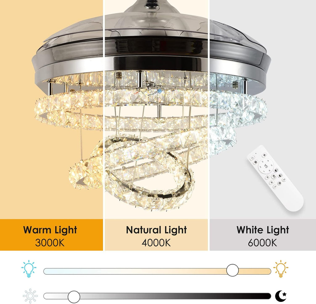 42' Dimmable Fandeliers Modern Crystal Invisible Chandelier Ceiling Fan With 3 LED Color Change Lights with Memory Function