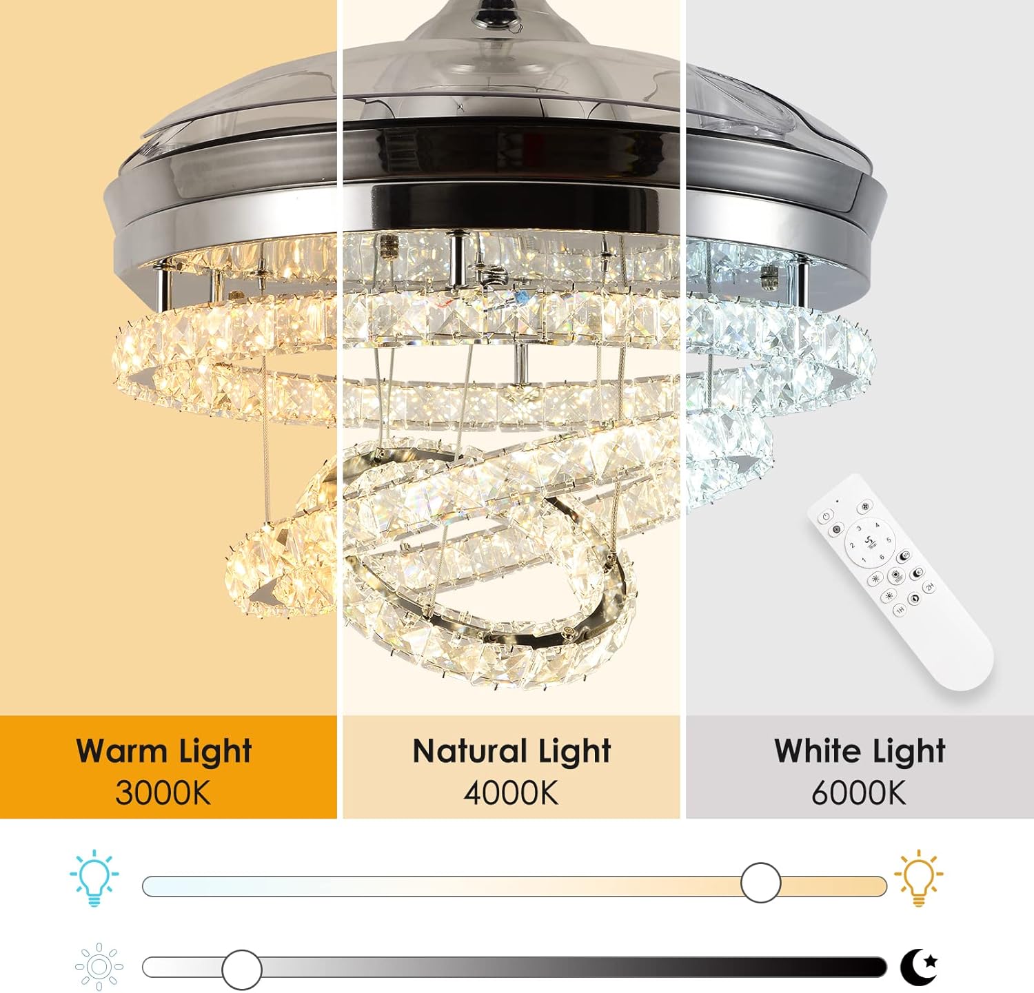 42' Dimmable Fandeliers Modern Crystal Invisible Chandelier Ceiling Fan With 3 LED Color Change Lights with Memory Function