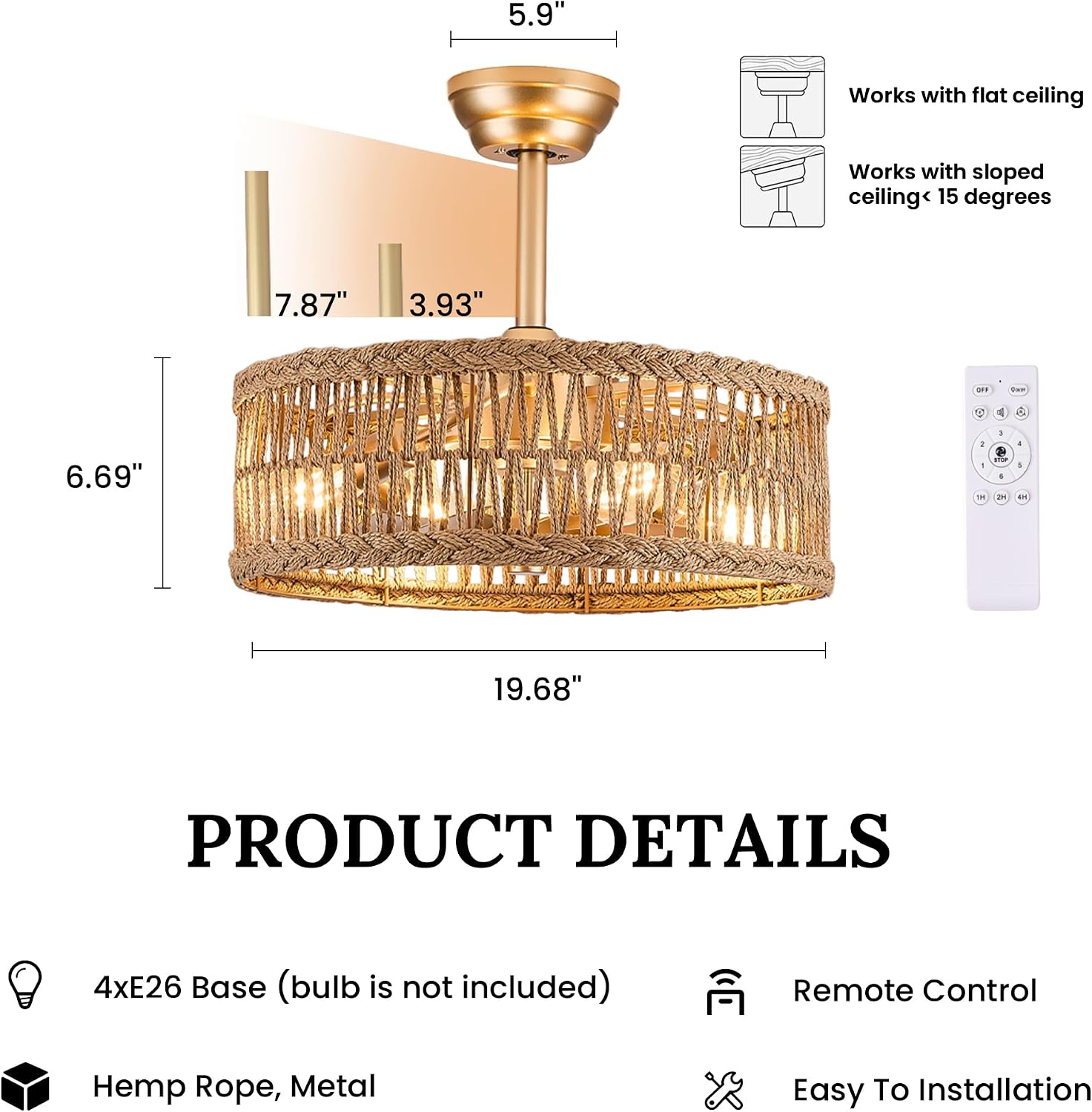 20 inch Gold Semi Flush Mount Rattan Ceiling Fan Light Fixture, Drum Shade with 7 Transparent Blades,Remote Control, E26 Base, Reversible Motor, Farmhouse Boho Style