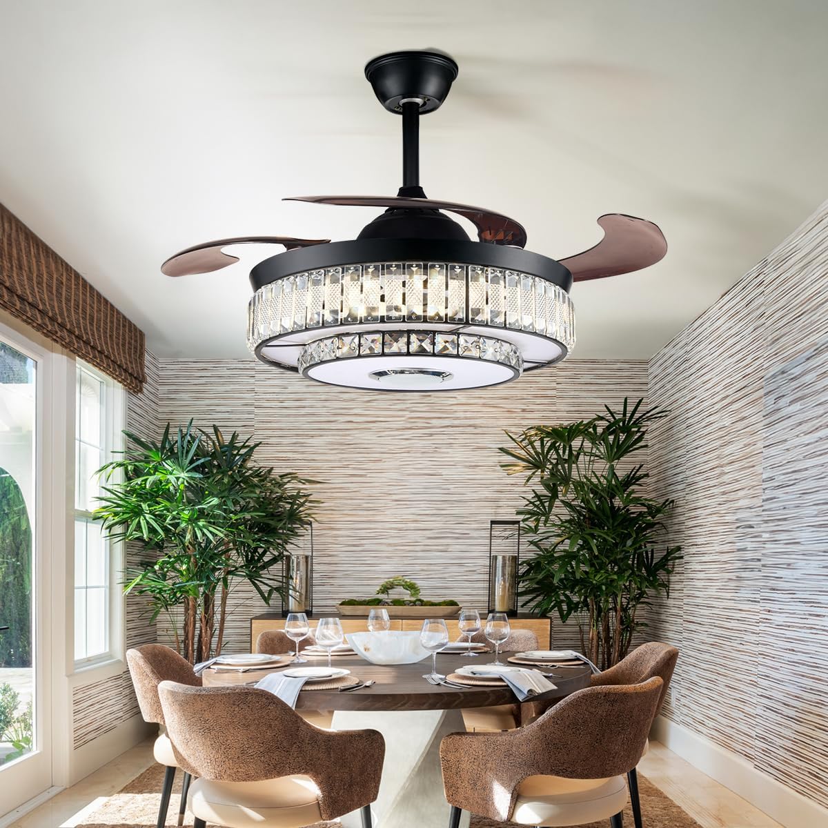 42' Bluetooth Chandelier Ceiling Fan with Light, Fandelier with Reversible Motor, Modern Retractable Ceiling Fan Light and Music Speaker RGB Color Change with Remote Control for Living Room/Bedroom