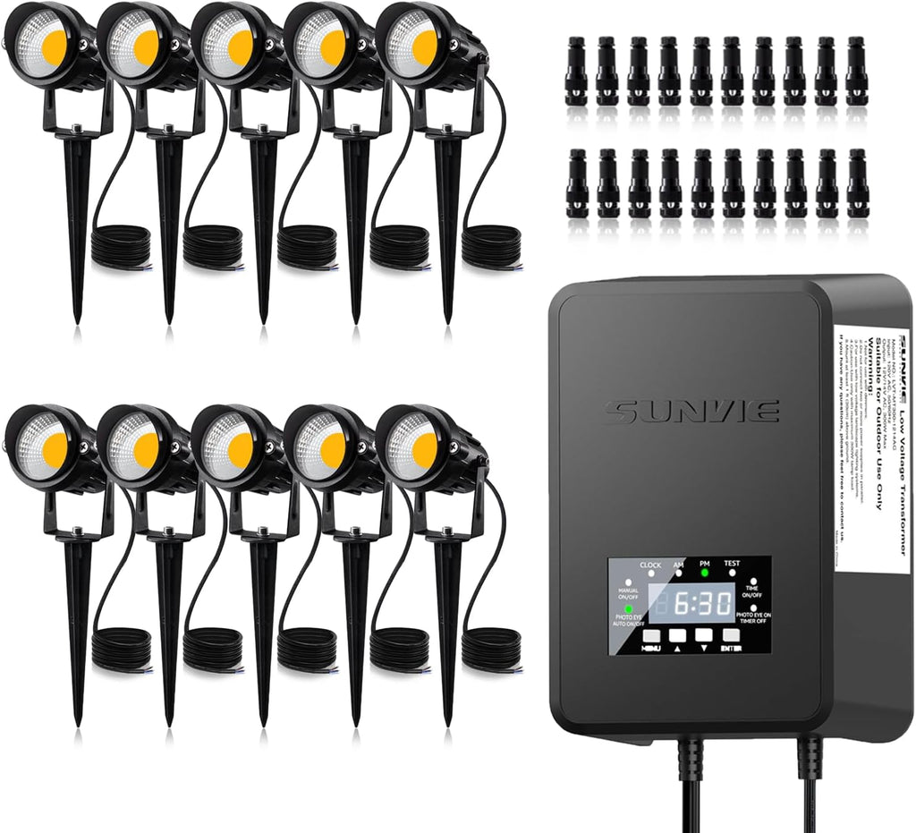SUNVIE 10 Pack 12W Low Voltage Landscape Lights LED Landscape Lighting AC/DC 12V-24V Outdoor Spotlight 300W Low Voltage Transformer with Timer and Photocell Sensor 120V to 12V/14V for Outdoor Lighting