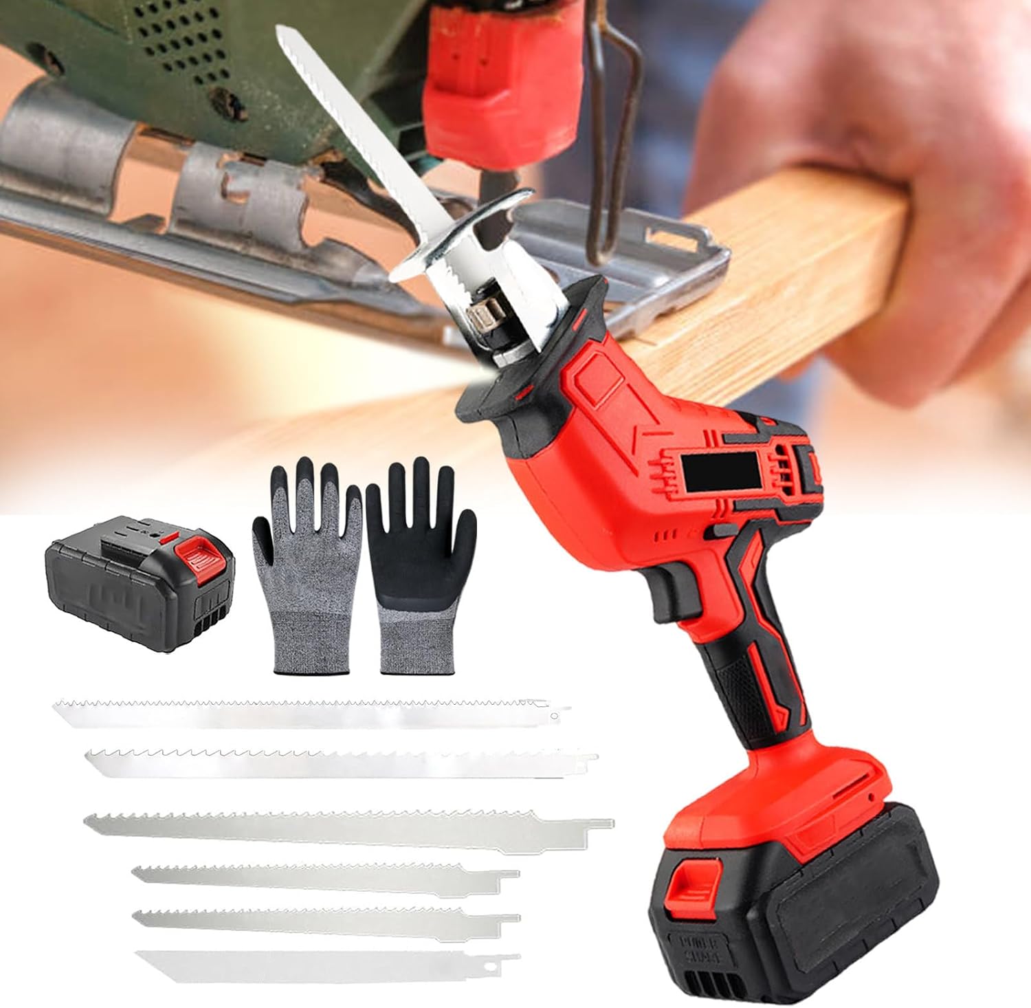 Electric Meat and Bone Saw,Cordless Reciprocating Saw,Hacksaw Handheld Cordless Tools,Led Lighting,Self Locking Chuck,with 6replaceable Saw Blades,1pairs Gloves,Branch Cutter,1battery