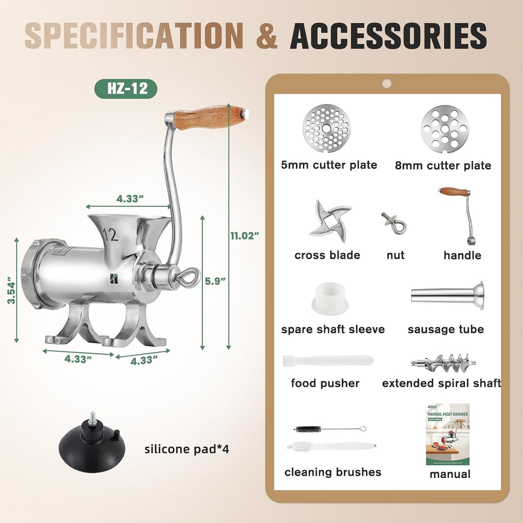 Huanyu Upgraded Manual Meat Grinder - Effortless Home Homemade Meals, Stainless Steel, For Sausage/Chili/Baby Food, Heavy Duty with Table Clamp HZ-12