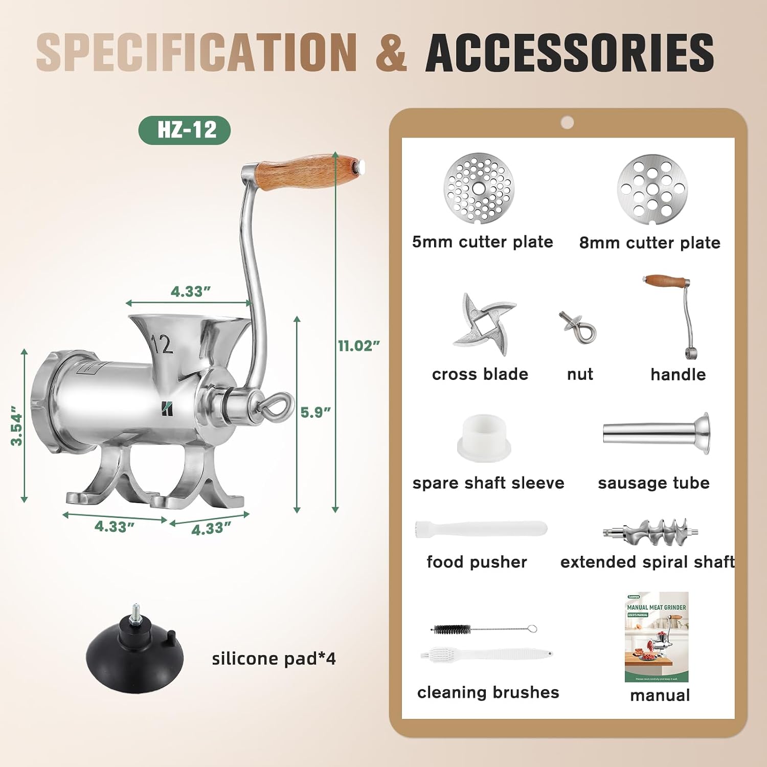 Huanyu Upgraded Manual Meat Grinder - Effortless Home Homemade Meals, Stainless Steel, For Sausage/Chili/Baby Food, Heavy Duty with Table Clamp HZ-12