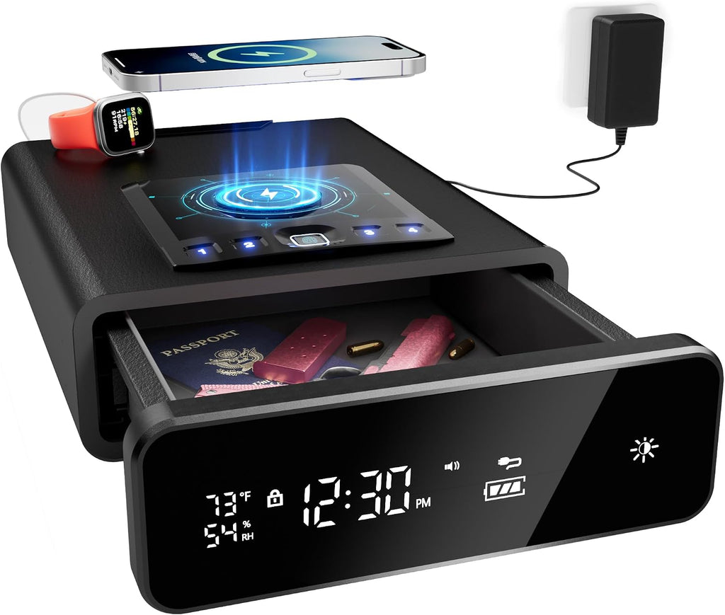 Mboko Biometric Discreet Gun Safe with 12-Hour Time Clock Display, Wireless Charging Pistol Safe for Handgun with Adjustable Brightness, Backlit Keypad, LED Light, Gifts for Father's Day（Black）