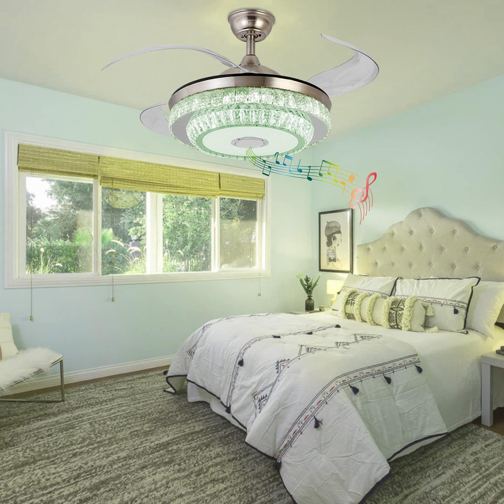 42'' Fandelier Crystal Ceiling Fan with Light, 3 Speeds Changes 7 Colors Dimmable Fandelier Bluetooth Speaker Music Ceiling Fans Modern 2 Layers Crystal Light Fixture for Bedroom,Living Room