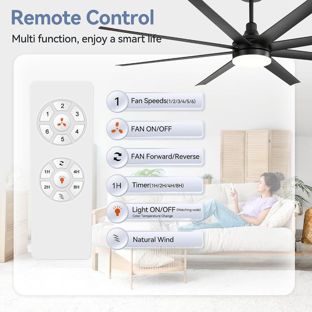 72 inch Ceiling Fans with Lights and Remote, 8 Reversible Blades, 6-Speed Quiet DC Motor, Timer, 3 Color LED Light, 2 Downrods, Industrial Black Indoor Ceiling Fan Fandeliers for Bedroom Living Room