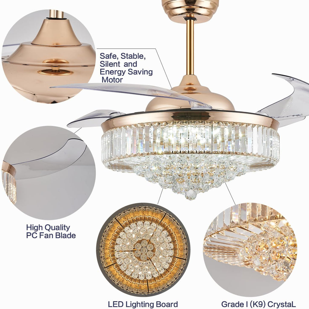 52'' Crystal Ceiling Fan with Light and Remote,Modern Gold Fandelier with Invisible Retractable Blades,Dimmable Chandelier Ceiling Fan for Bedroom Living Room Dining Room