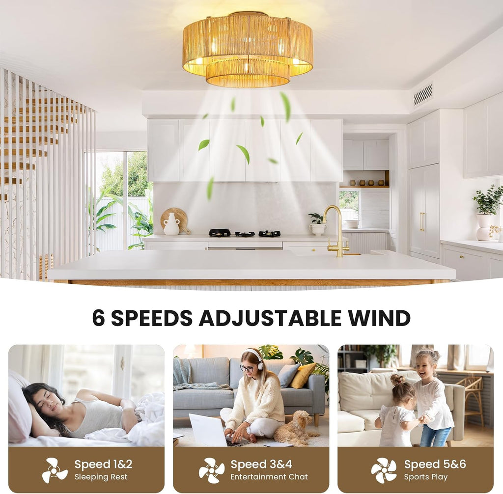 RUIYEY Boho Ceiling Fan with Light: 20 inch Low Profile Ceiling Fans with Remote Control, 5 Blades 6 Speeds DC Reversible E12 5 Light Flush Mount Rattan Ceiling Light Fixtures for Bedroom Kitchen