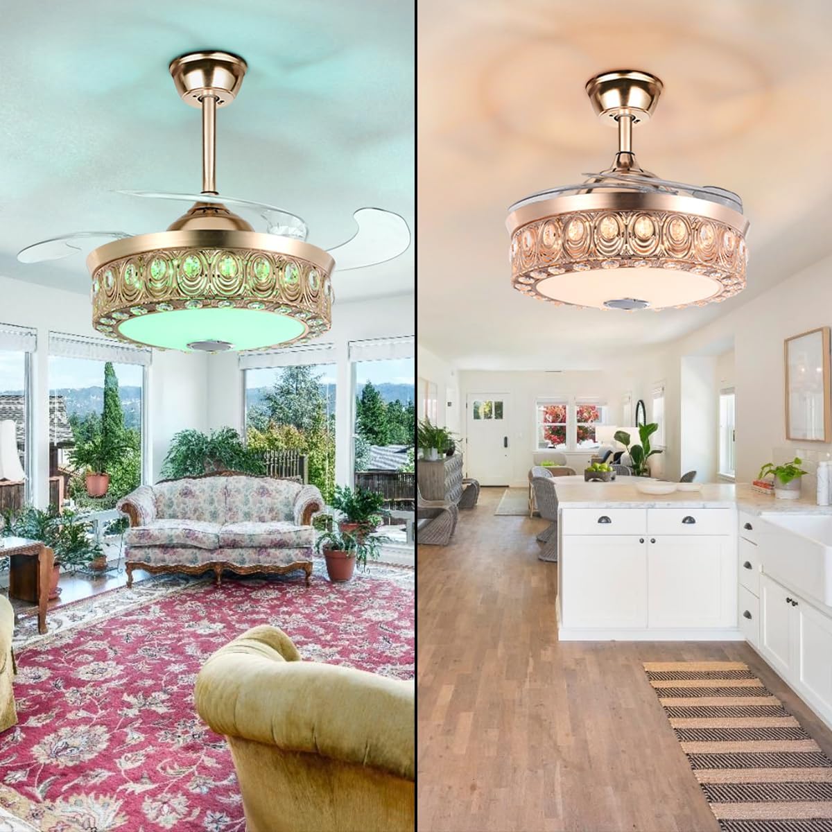 A Million Modern Fandelier Ceiling Fan with Light and Remote, 42'Gold Retractable Chandelier Ceiling Fans with Bluetooth Speaker 3 Speeds RGB LED Light Crystal Fandeliers for Dining Room Bedroom
