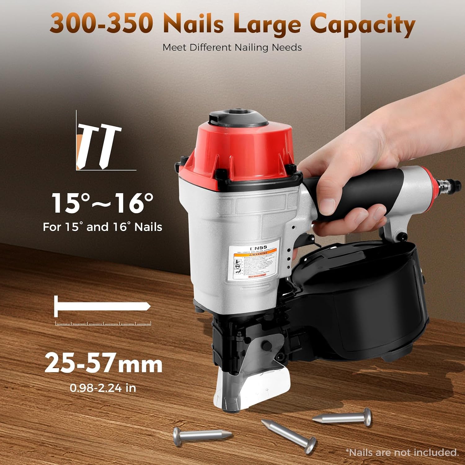 Pneumatic Nail Gun CN55 Coil Siding Nailer With 2 Shooting Modes 1 Inch to 2-1/4-Inch 15-16 Degree Roofing Coil Nailer-Accommodate 300-350 Nails for Pallets, Siding, Crating, Fencing, Decking