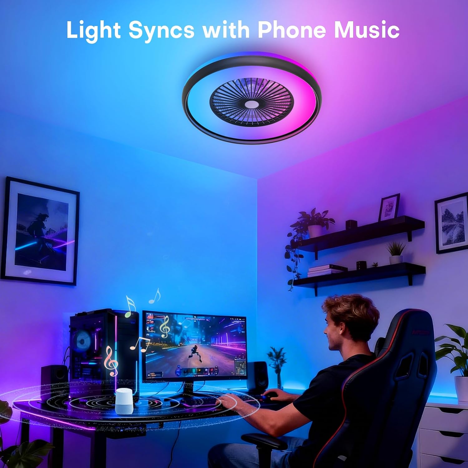 Bladeless Ceiling Fan with RGB Light, 24'' Flush Mount Low Profile Ceiling Fans with Remote & APP Control, Voice Control, 2700-6500K, 6 Speeds Dimmable LED Fan Light for Bedroom, Kids Room