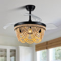 42'' RetractableCeiling Fans with Lights and Remote, Farmhouse Ceiling Fans with Wooden Beads, 6 Speeds Reversible Bladeless Ceiling Fan for Bedroom Living Room Kitchen