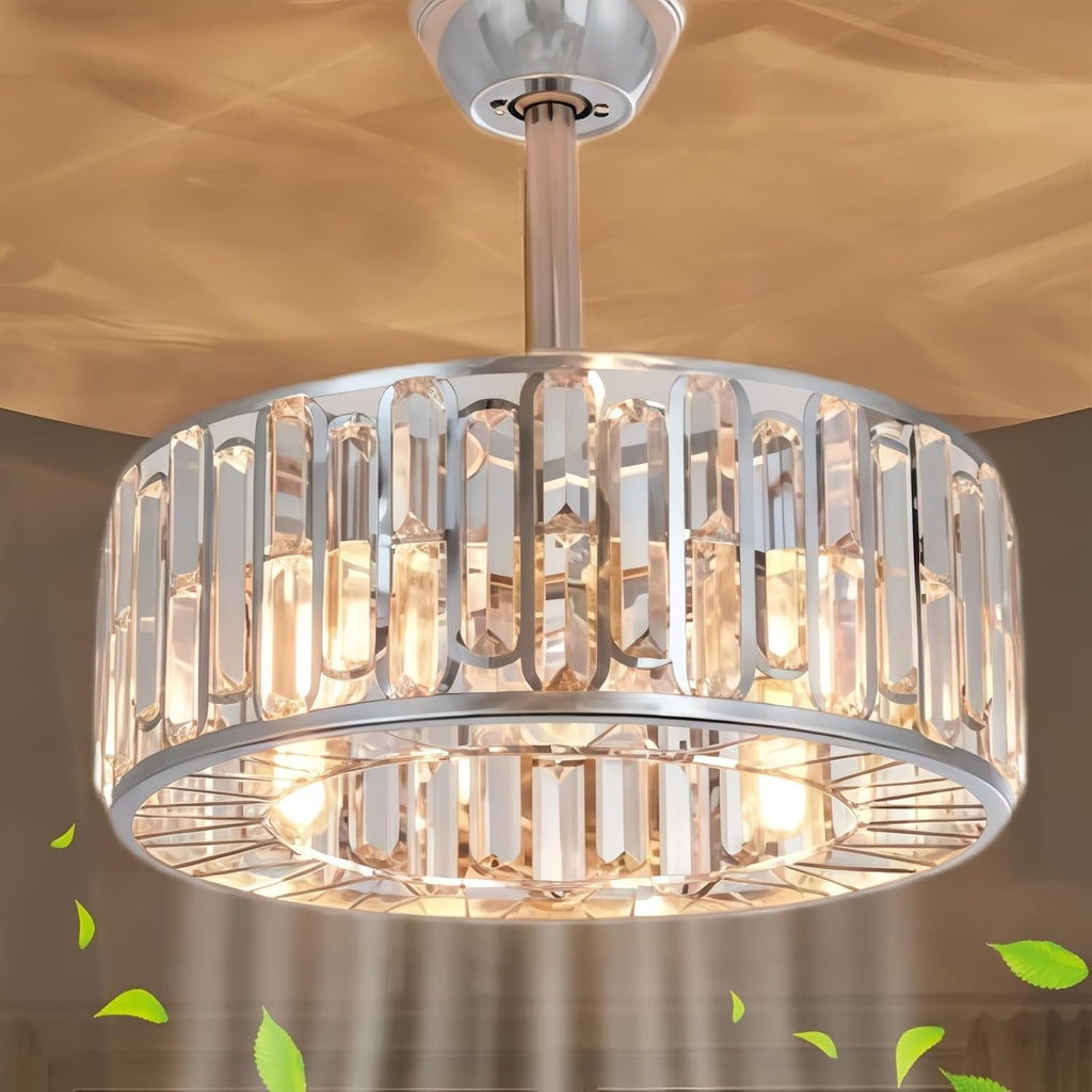 18.2' Silver Crystal Caged Ceiling Fan with Light 4-Lights Modern Flush Mount Chandelier Fan Remote Chrome Crystal Fandelier Lights for Bedroom Living Room Dining Room Entry Loft Hallway