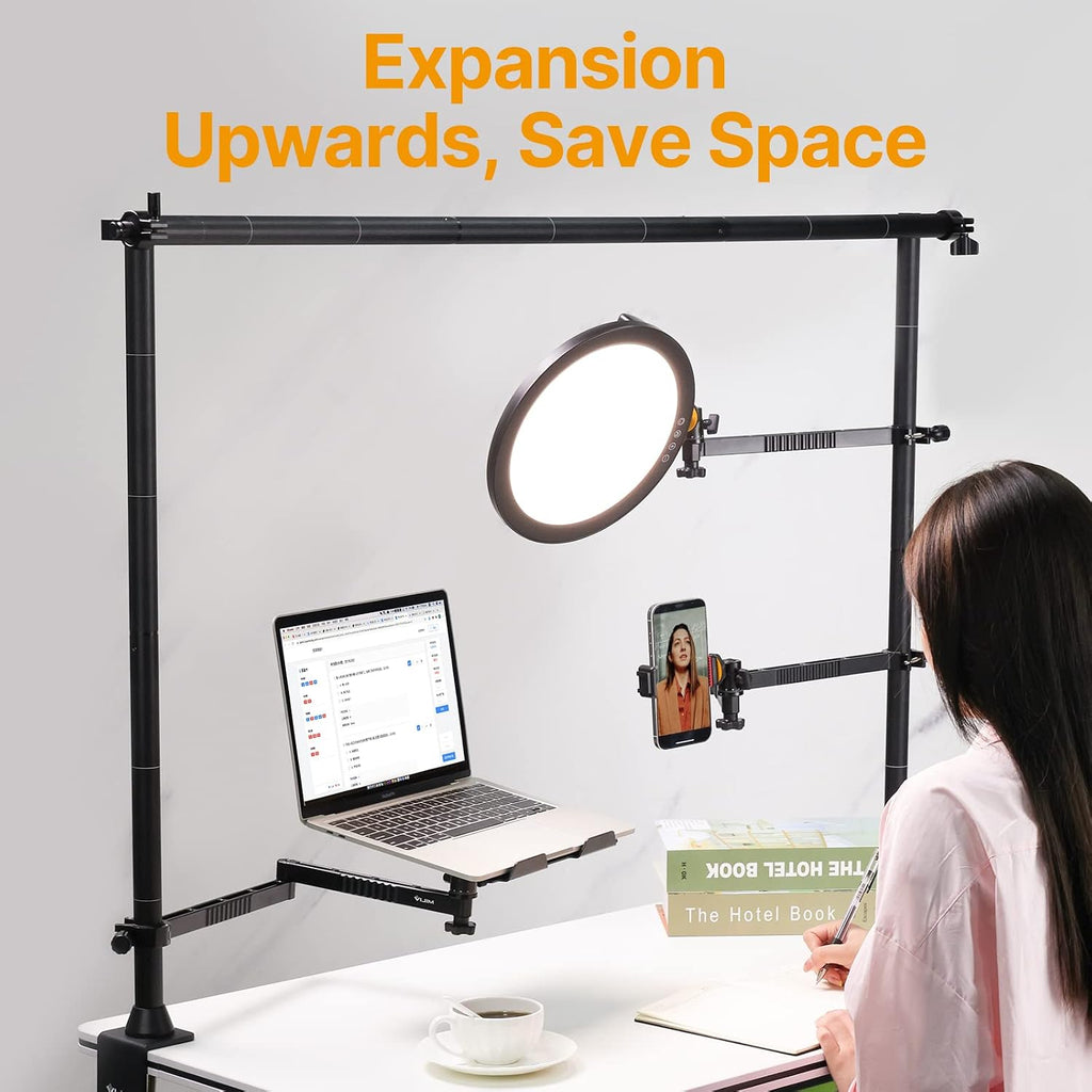 JUSMO LS15 Pro Camera Desk Mount, Aluminum Overhead Camera Mount Rig, Table Multi-Device Pole to Mount Magic Arm Clamp, DSLR, Cameras, Phone, Light, Microphone, Streaming, Studio, Max Load 22 lb