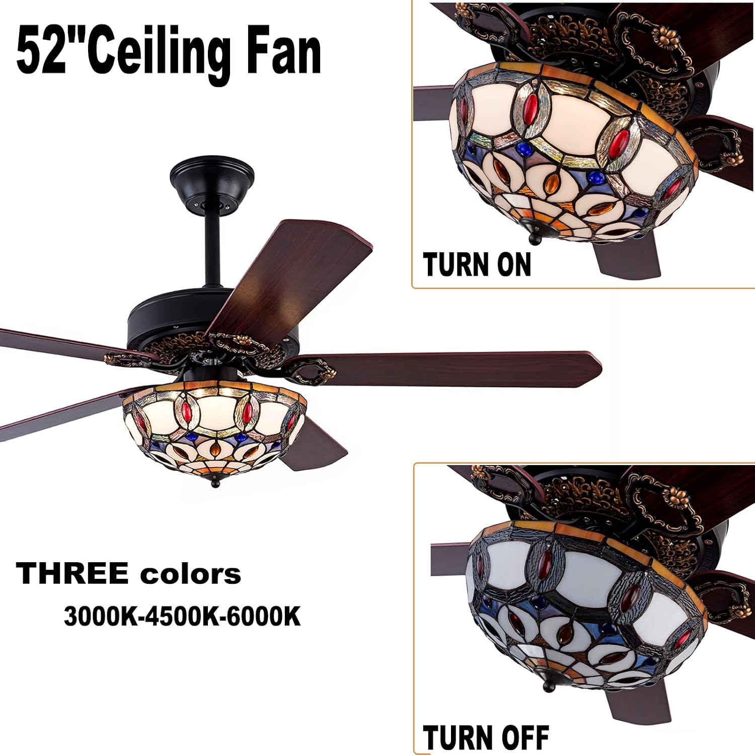 Tiffany-Style Stained Glass Ceiling Fan with Lights,52 Inch Chandelier Fan Light with 5 Reversible Wood Blades 3 Color/3 Speed Indoor Ceiling Fan with Remote Control,for Dining Living Room