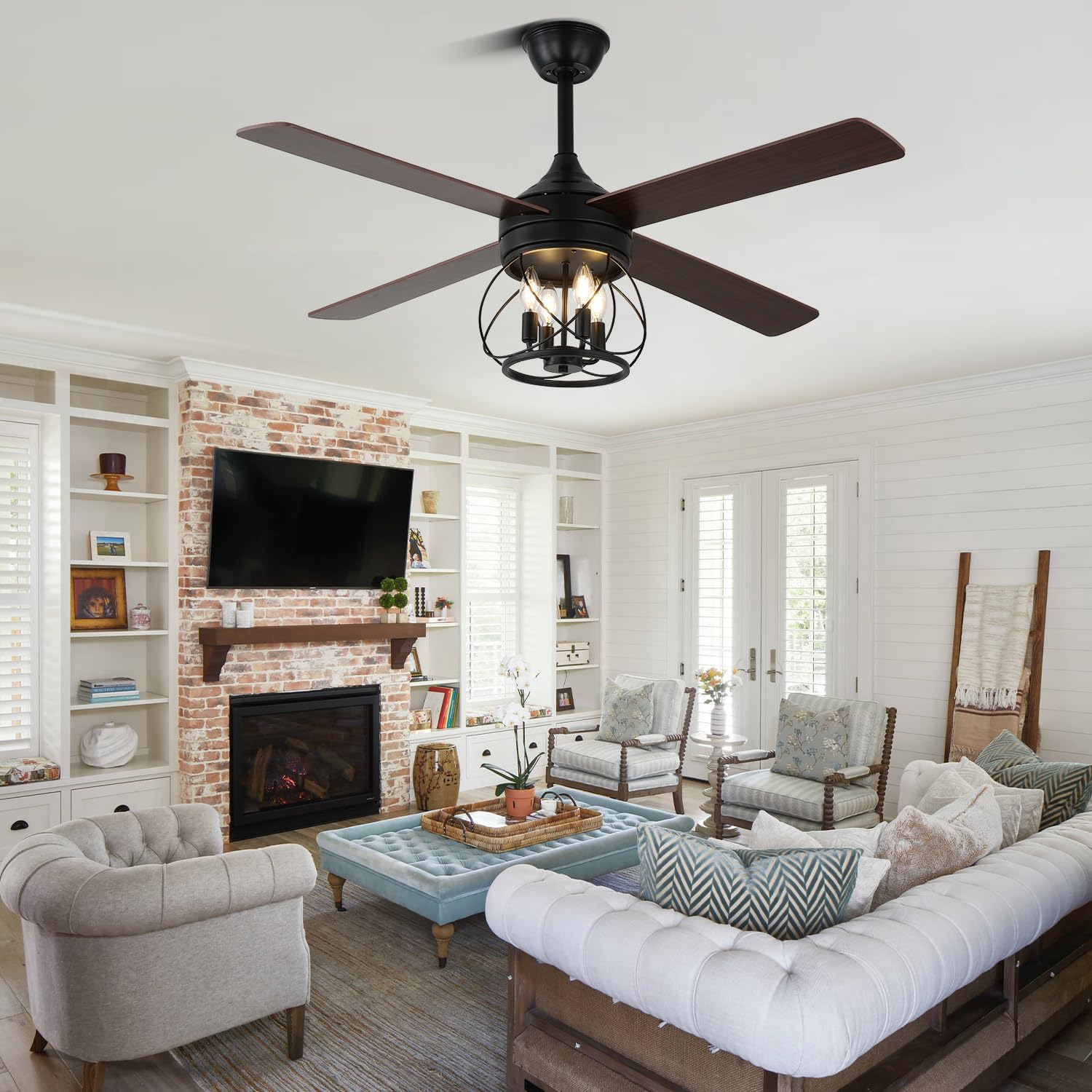 52 Inch Farmhouse Ceiling Fan with Light and Remote Industrial Ceiling Fan Quiet and Reversible DC Motor Rustic Caged Chandelier Fan for Living Room Bedroom Patio