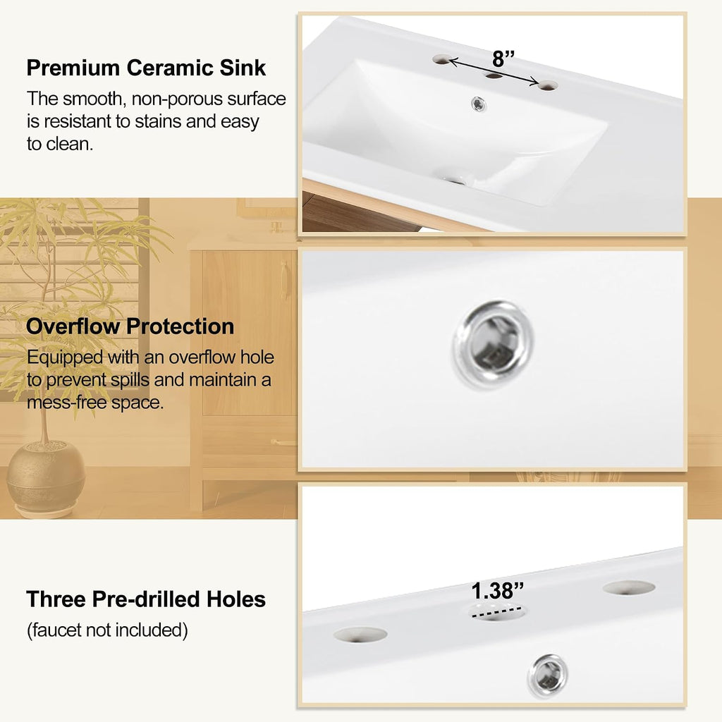 Harper & Bright Designs 36' Bathroom Vanity with Sink, Free Standing Single Basin Vanity with 2 Doors & 4 Soft-Closing Drawers, Solid Wood Storage Cabinet with Ceramic Basin for Bathroom, Acacia Wood