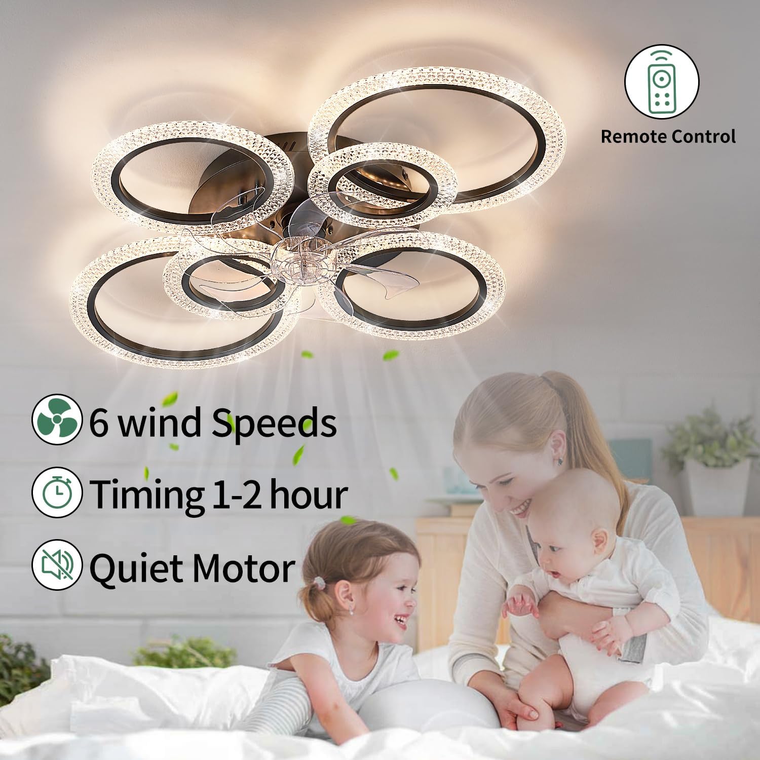 Yfrest Ceiling Fan with Light and Remote, Black Low Profile Ceiling Fans with Lights, Flush Mount Ceiling Fan with 3 Light Color 6 Speeds, Fandelier Ceiling Fan for Kitchen Living Room 6-Ring