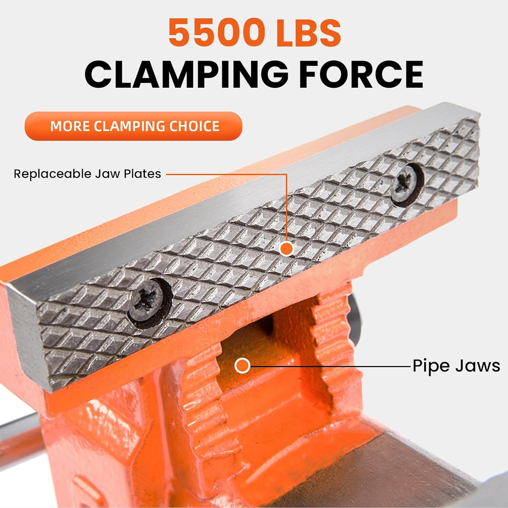 Forward Bench Vise 5 Inch Ductile Iron Bench Vice with 360 Degree Swivel Base and Channel Steel Guide Bar 30505 (5')