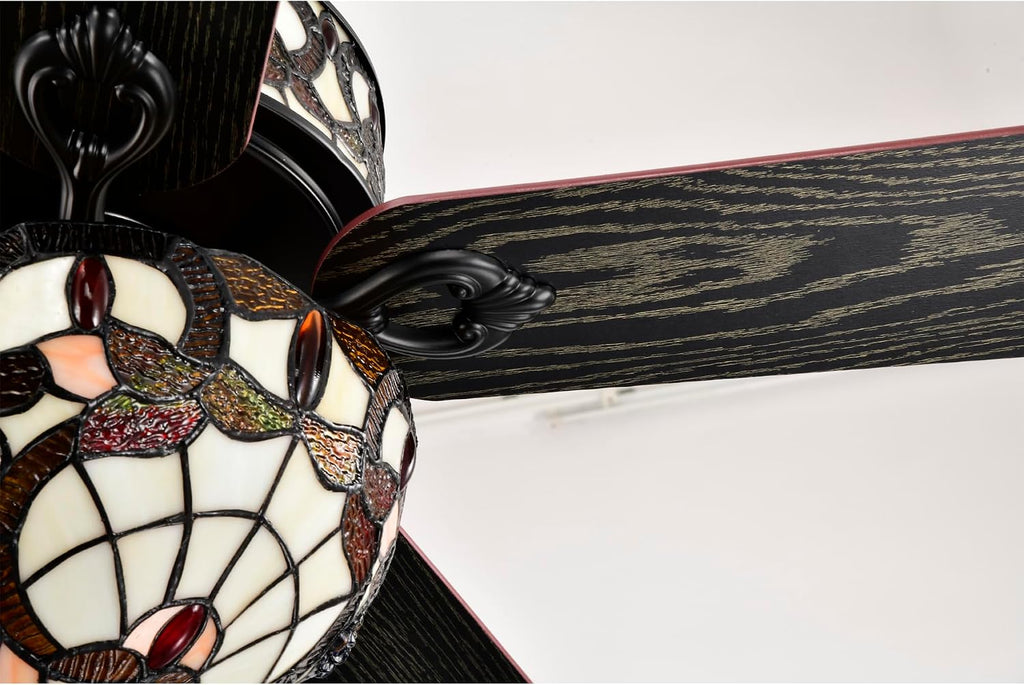 Lars Black Tiffany Style Two Tiered Lighted Ceiling Fan White and Copper Shade with Remote Control