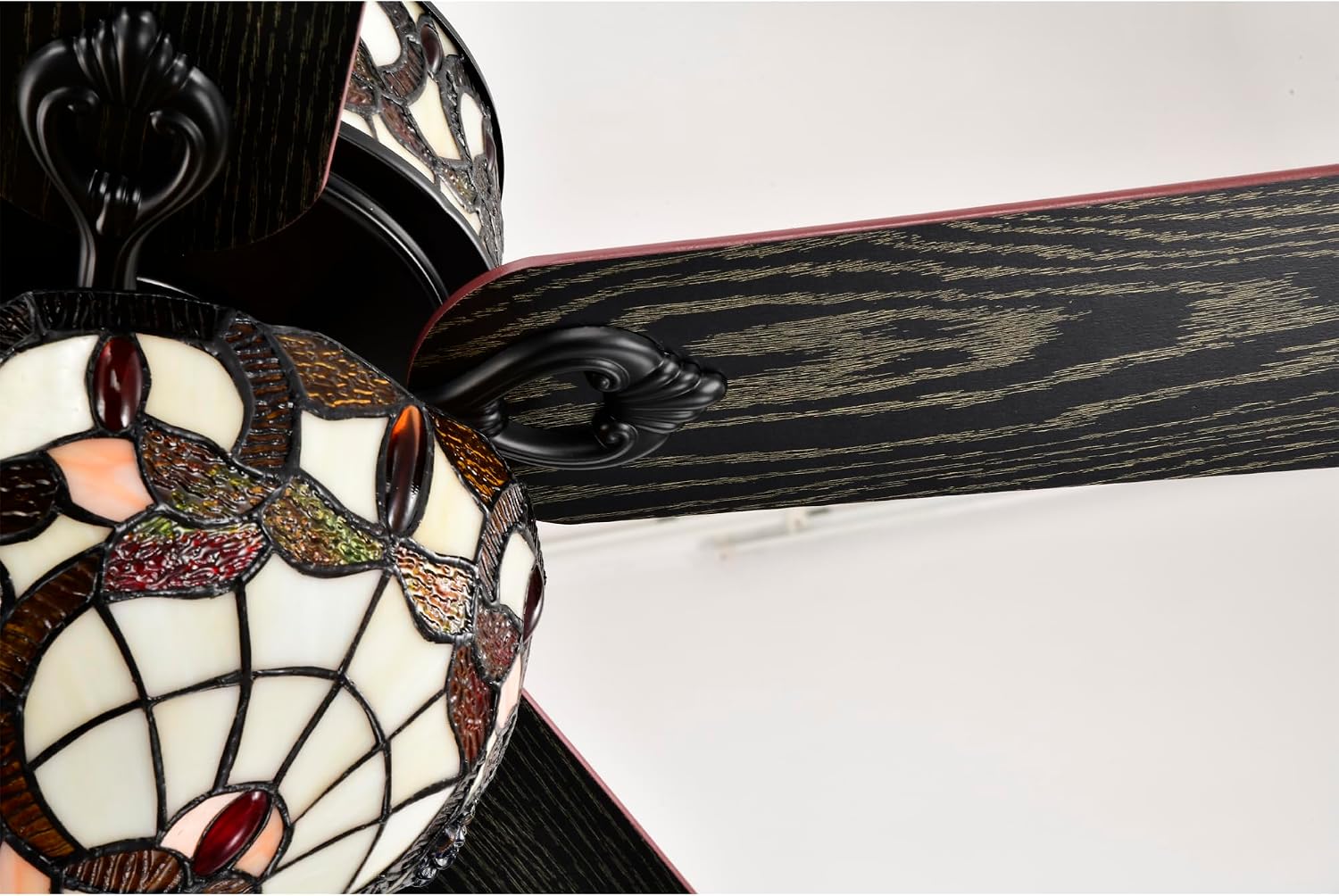 Lars Black Tiffany Style Two Tiered Lighted Ceiling Fan White and Copper Shade with Remote Control