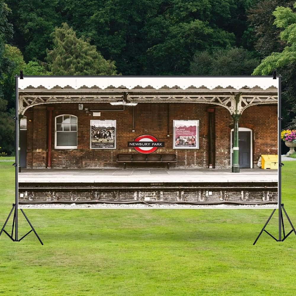 AOFOTO 20x10ft Train Station Backdrop Railway Platform Old Brick Wall Nostalgic Playbill Bench Photography Background Locomotive Track City Buildings Portrait Photoshoot Studio Props Vinyl Wallpaper