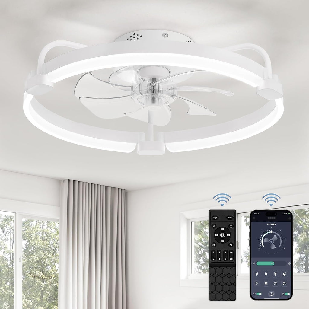 LEDIARY 20 Inch and 24 Inch Ceiling Fans with Lights and Remote, 3000-6000K Dimmable Modern Flush Mount LED Fan Light, 6 Wind Speeds, White Fandelier Ceiling Fans for Bedroom