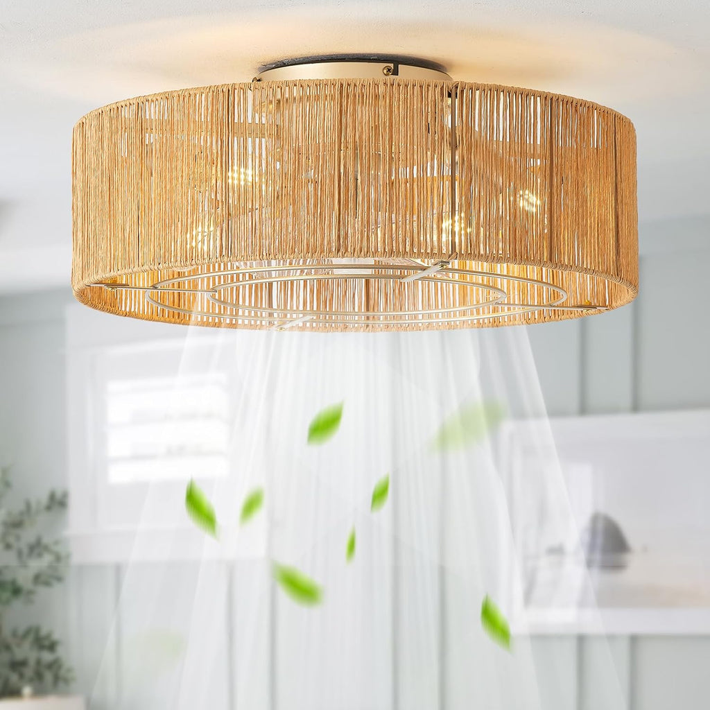Ceiling Fans with Lights, 20' Boho Ceiling Fan with Light Flush Mount, Rattan Low rofile with 6 Speeds, Remote Control for Bedroom, Nursery, Living Room