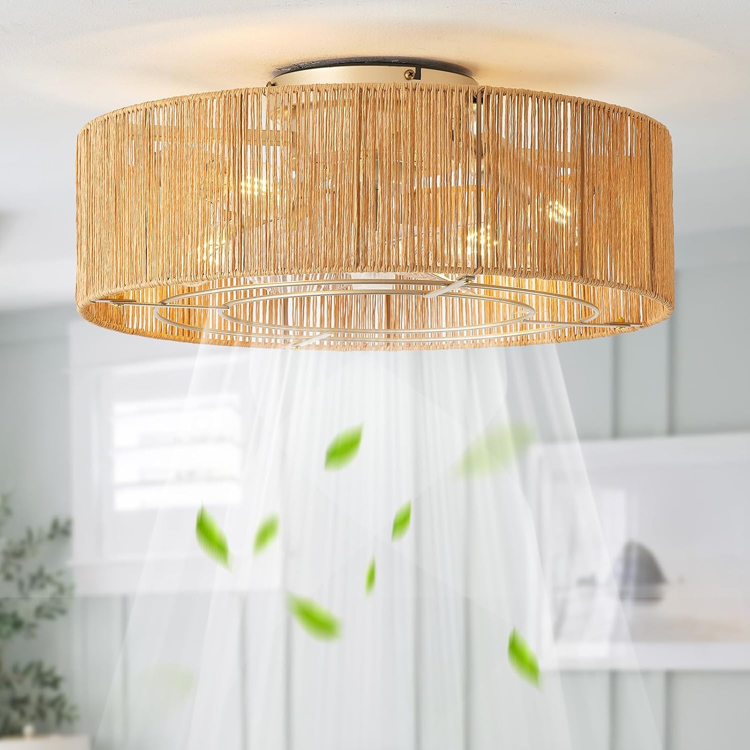 Ceiling Fans with Lights, 20' Boho Ceiling Fan with Light Flush Mount, Rattan Low rofile with 6 Speeds, Remote Control for Bedroom, Nursery, Living Room