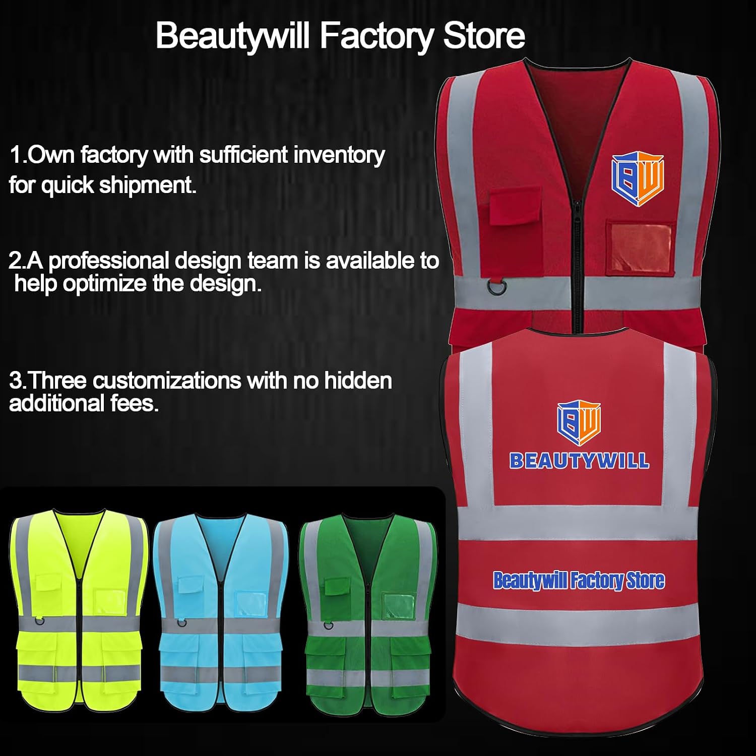 BeautyWill Bulk Custom Logo Safety Vest High Visibility Reflective Work Vests