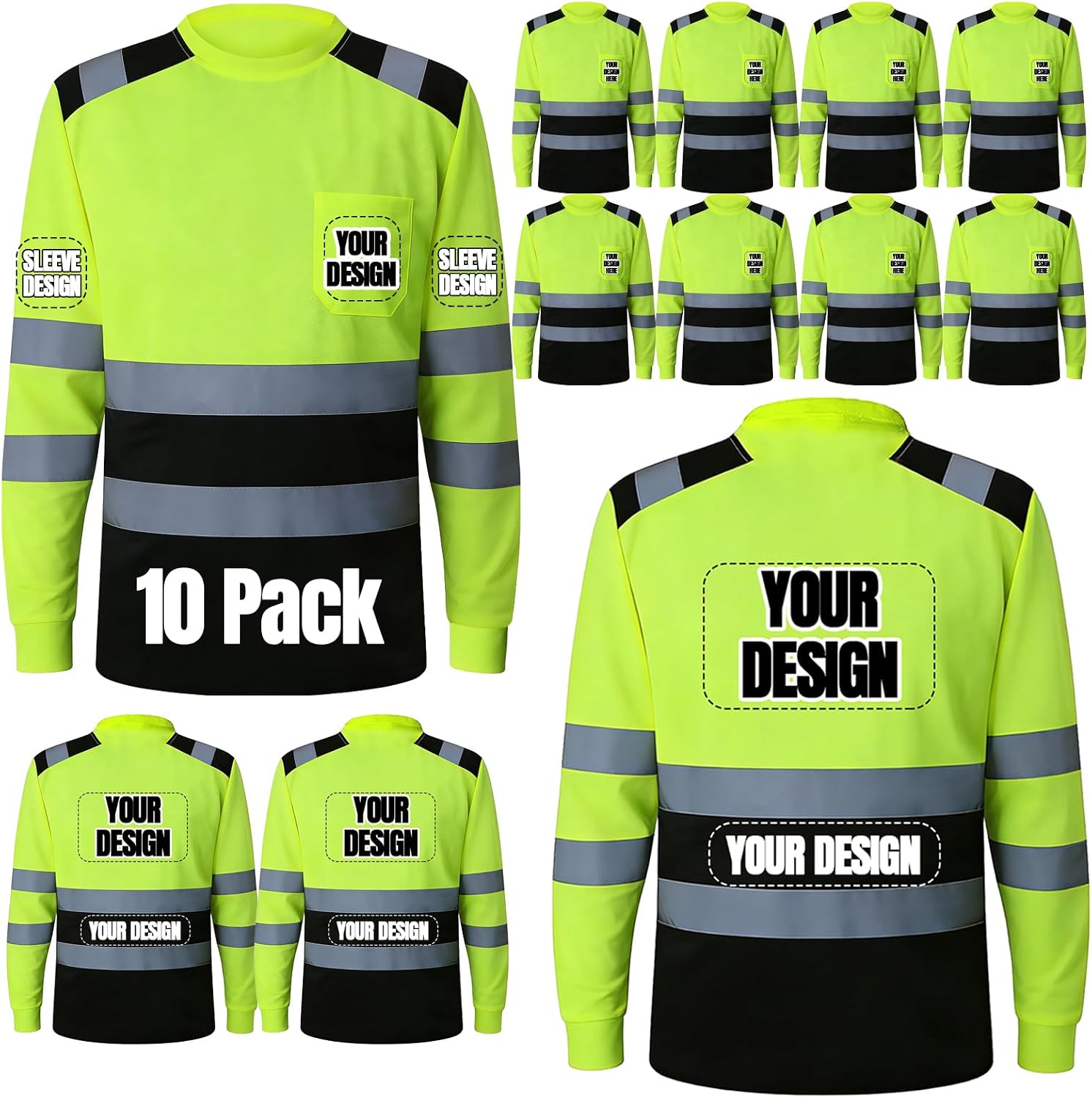 BeautyWill Custom Logo High Visibility Safety Shirts, ANSI Class 3 Reflective Work Shirts Long Sleeve Crewneck T-Shirt