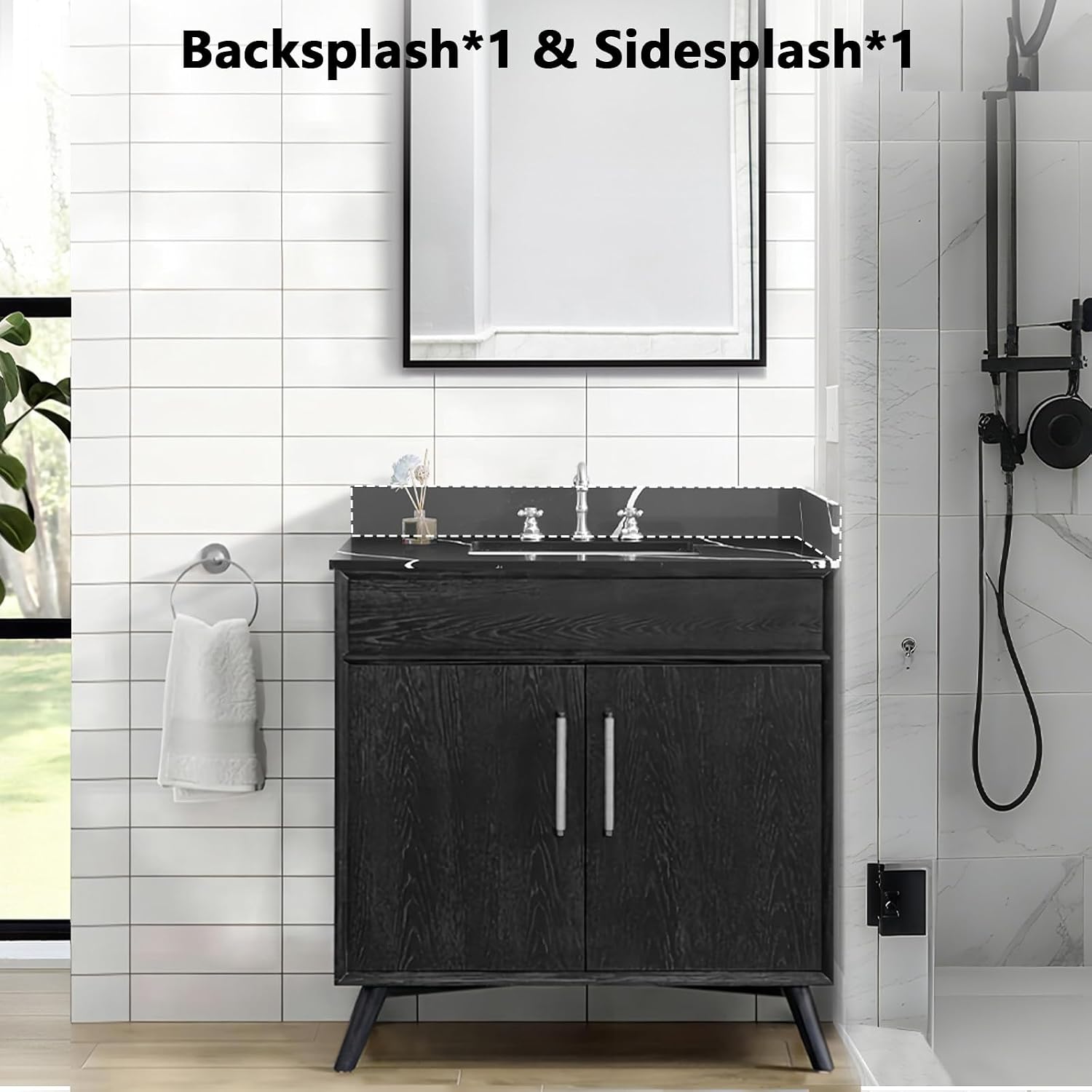 36 in. W x 22 in D Quartz Vanity Top in Black Marquina,with One Sidesplash & One Backsplash, Vanity Sink Top with Assembled Single Drop-in Sink, Pre-Drilled 8 Inch Faucet Hole Countertop