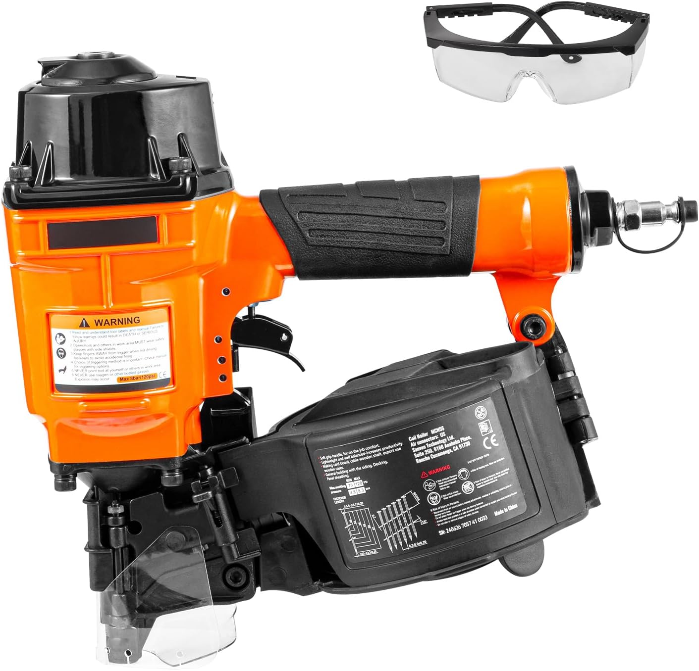 Happybuy Coil Siding Nailer MCN55, 1 inch to 2-1/4 inch 15 Degree Pneumatic Siding Nail Gun, 70-120PSI Air Coil Nailer for Siding, Pallet Sheathing, Fencing, Decking
