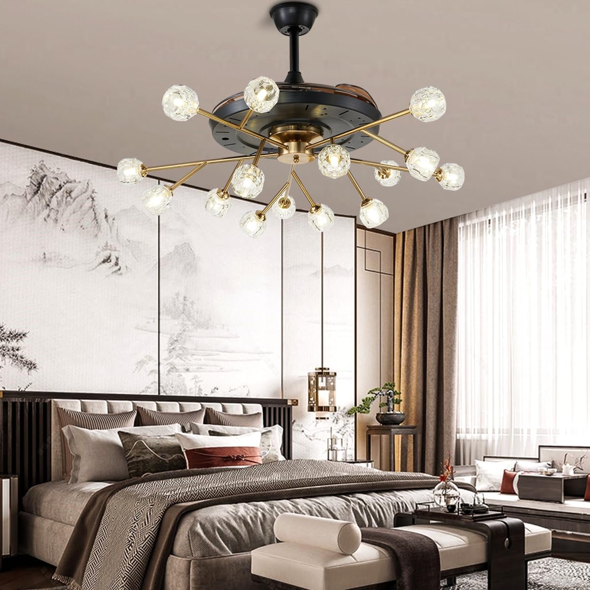 42' Modern Sputnik Fandelier Ceiling Fan with Light, 15-Light Brass Crystal Chandelier Fan with Remote Control Retractable 6 Speed Reversible Motor for Bedroom Living Dining Room