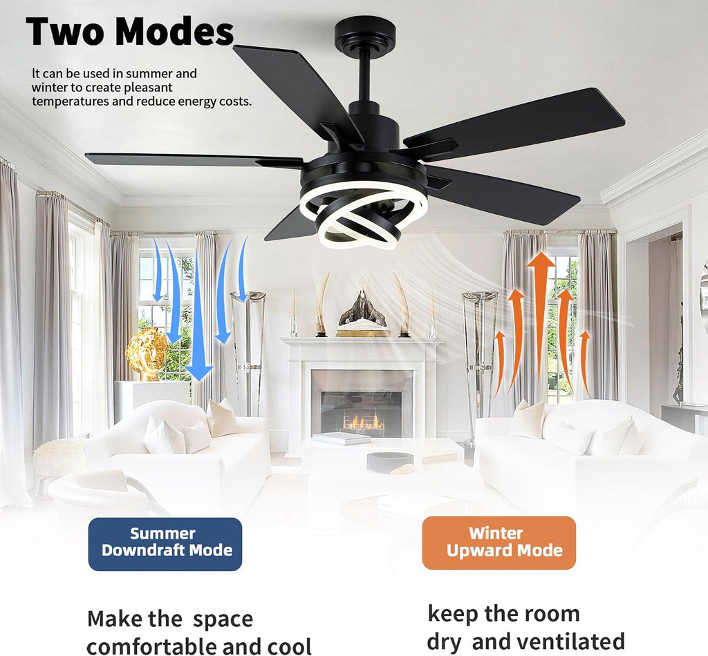 52' Farmhouse Ceiling Fans with Lights,Chandelier Fan with 6-Speed Dimmable LED and Reversible DC Motor,DIY Rings LED,Fandelier Ceiling Fan with 5 Dual Finish Blades for Living Room/Bedroom