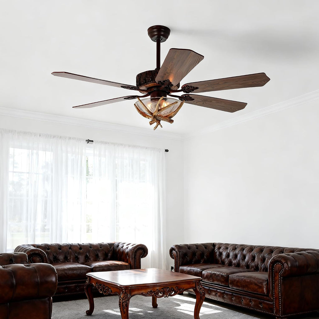 Fandian Antler Rustic Ceiling Fan with Lights and Remote, Modern Chandelier Fan Light, Indoor Cabin Electrical Fan with 5 Wood Blades, Farmhouse, Bedroom Living Room (D 46')