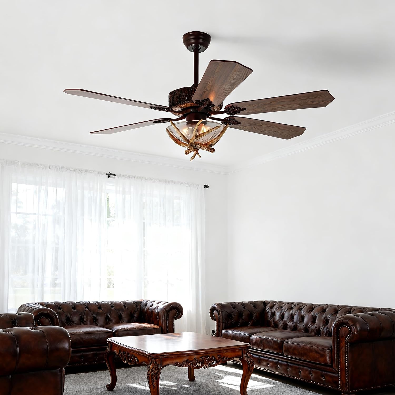 Fandian Antler Rustic Ceiling Fan with Lights and Remote, Modern Chandelier Fan Light, Indoor Cabin Electrical Fan with 5 Wood Blades, Farmhouse, Bedroom Living Room (D 46')