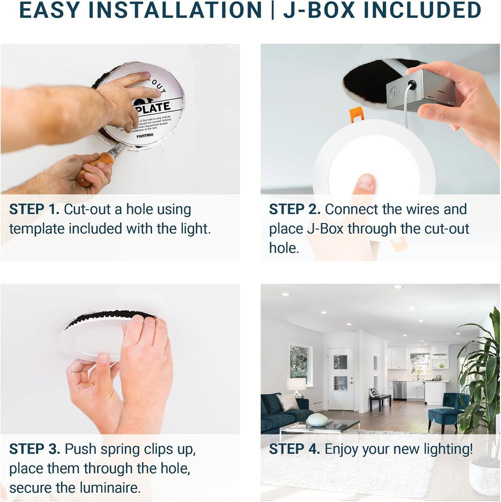 PARMIDA (12 Pack) 6 Inch 5CCT Ultra-Thin LED Adjustable Gimbal Recessed Lighting with J-Box, 2700K/3000K/3500K/4000K/5000K 5 Color Selectable, 12W, Eyeball Canless Slim Panel Lights, Dimmable, IC, ETL